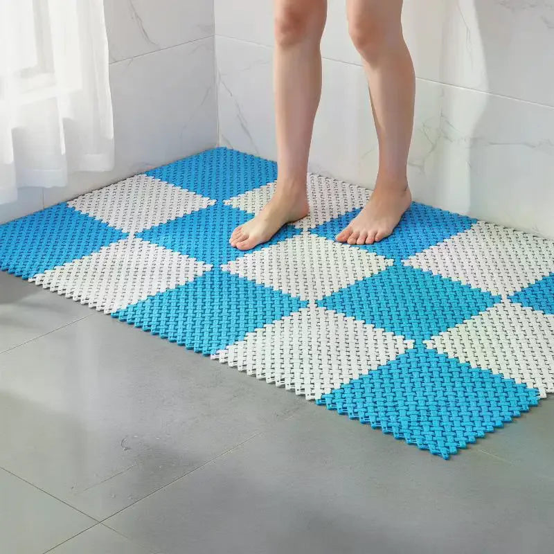 tapis sol carreaux géométriques bleu blanc orange vert rose violet moderne PVC