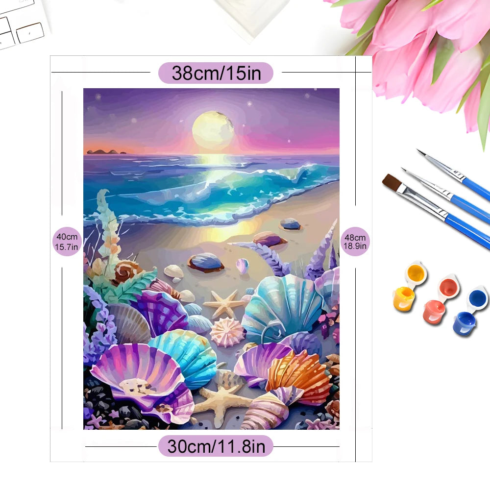 tableau peindre numéro paysage marin coquillages étoiles mer coucher soleil pinceaux couleurs instructions