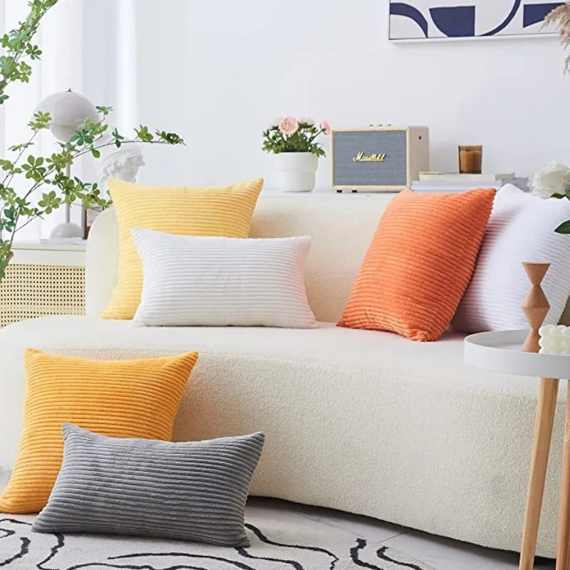 housse coussin velours côtelé orange rayé décorative canapé salon moderne zip invisible textile doux