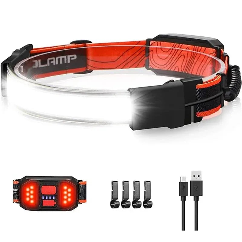 lampe frontale led rechargeable sangles ajustables éclairage arrière rouge camping pêche sport utilitaire
