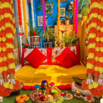 guirlande fleurs artificielles orange jaune rouge décoration festive indienne pompons suspendues 150cm