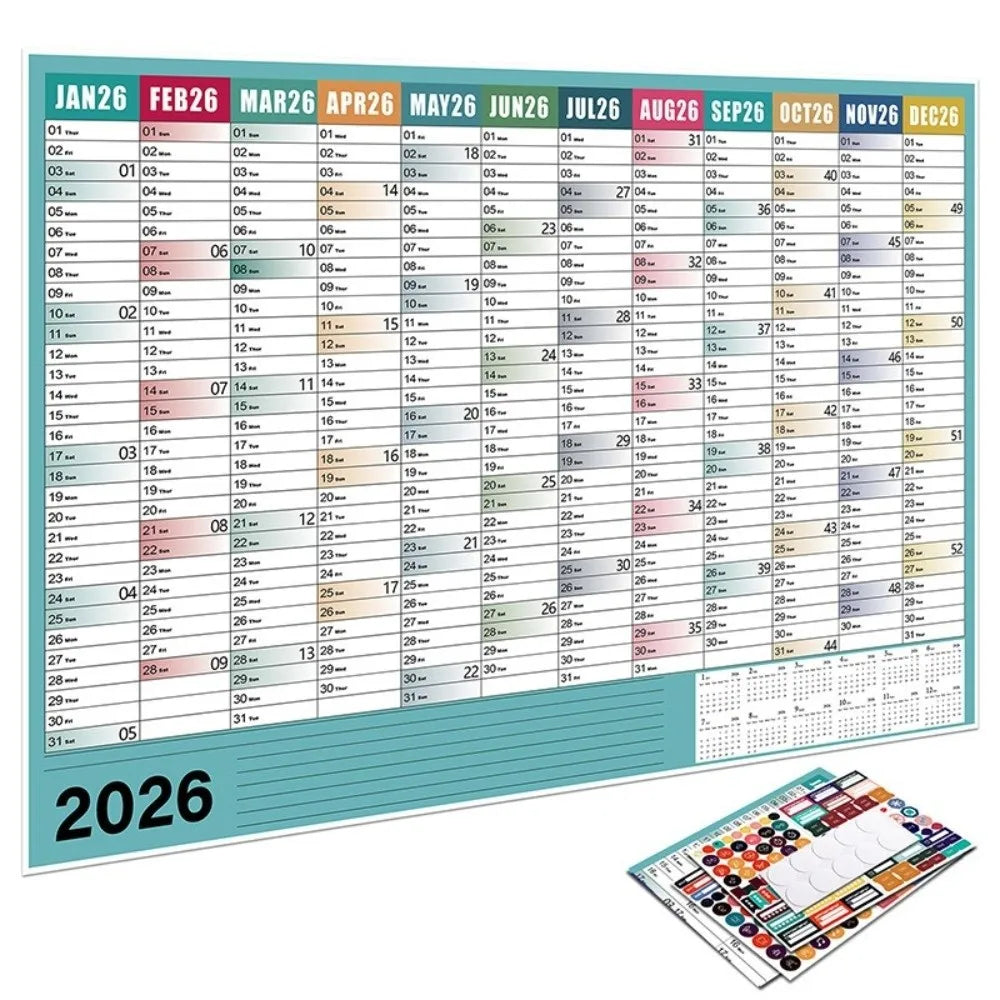 calendrier mural 2026 moderne couleur bleu blanc vert rose jaune gris grille dates mensuelles