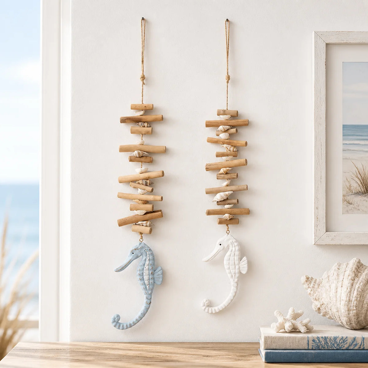 décoration murale hippocampe bois flotté coquillage suspension intérieur thème marin plage