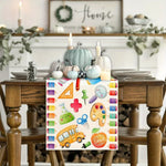 serviette table scolaire motif multicolore crayons règles pommes moderne enfantine bus scolaire faces mignonnes