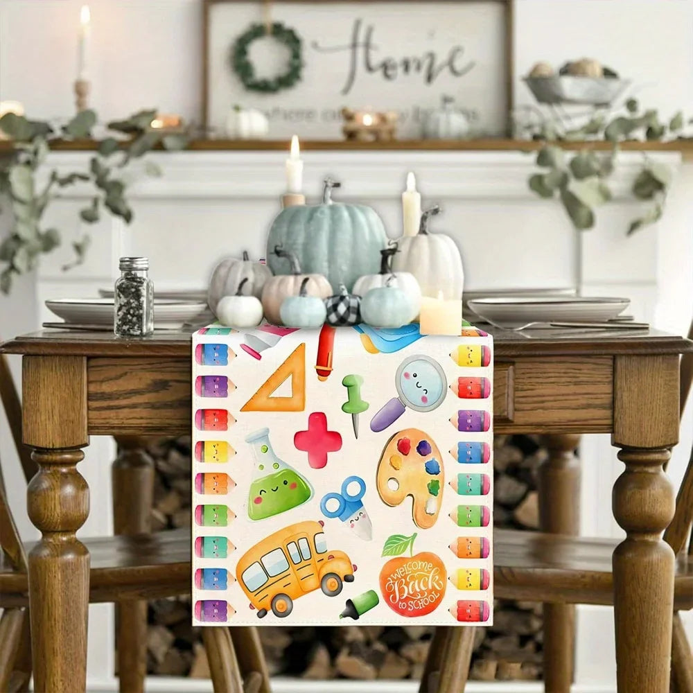 serviette table scolaire motif multicolore crayons règles pommes moderne enfantine bus scolaire faces mignonnes