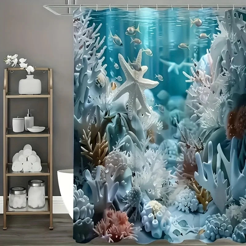 rideau douche sous marin coraux étoiles mer poissons bleu blanc opacité 12 crochets thème