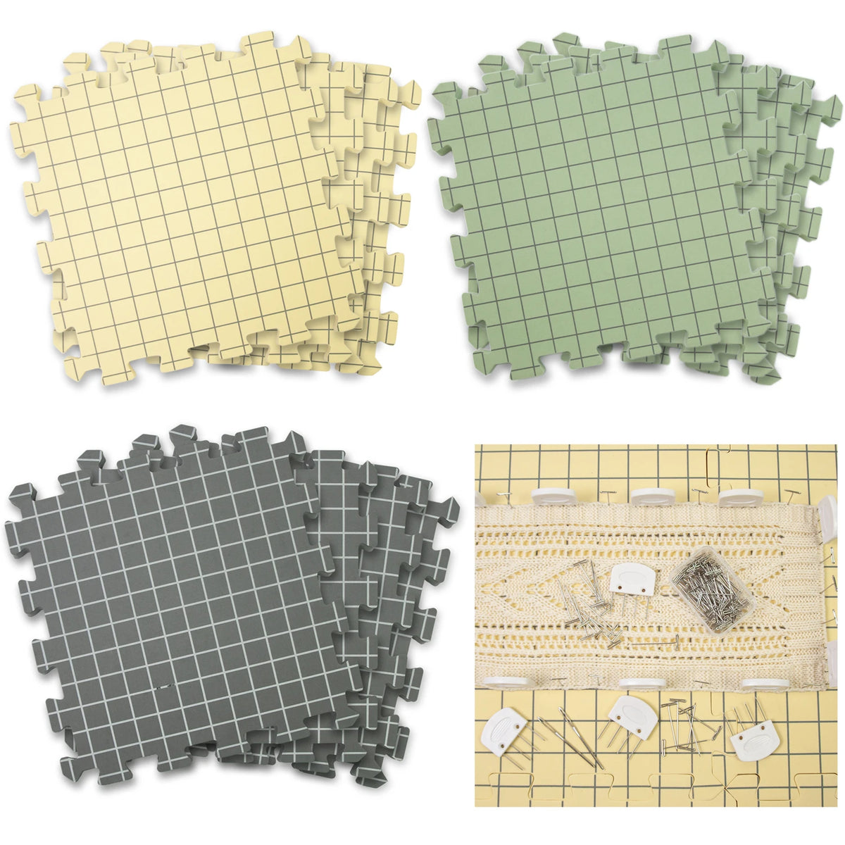 tapis découpe mousse jaune vert gris grille imprimée utilitaire échantillons crochet épingles pinces couture