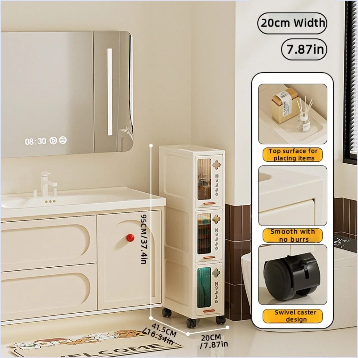 rangement mobile meuble beige compartiments tiroirs moderne minimaliste roulettes salon cuisine chambre