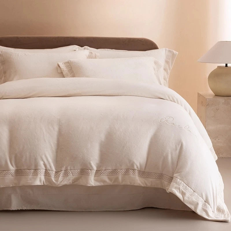 ensemble literie flanelle beige motif brodé simple housses couette taies d'oreiller drap plat classique