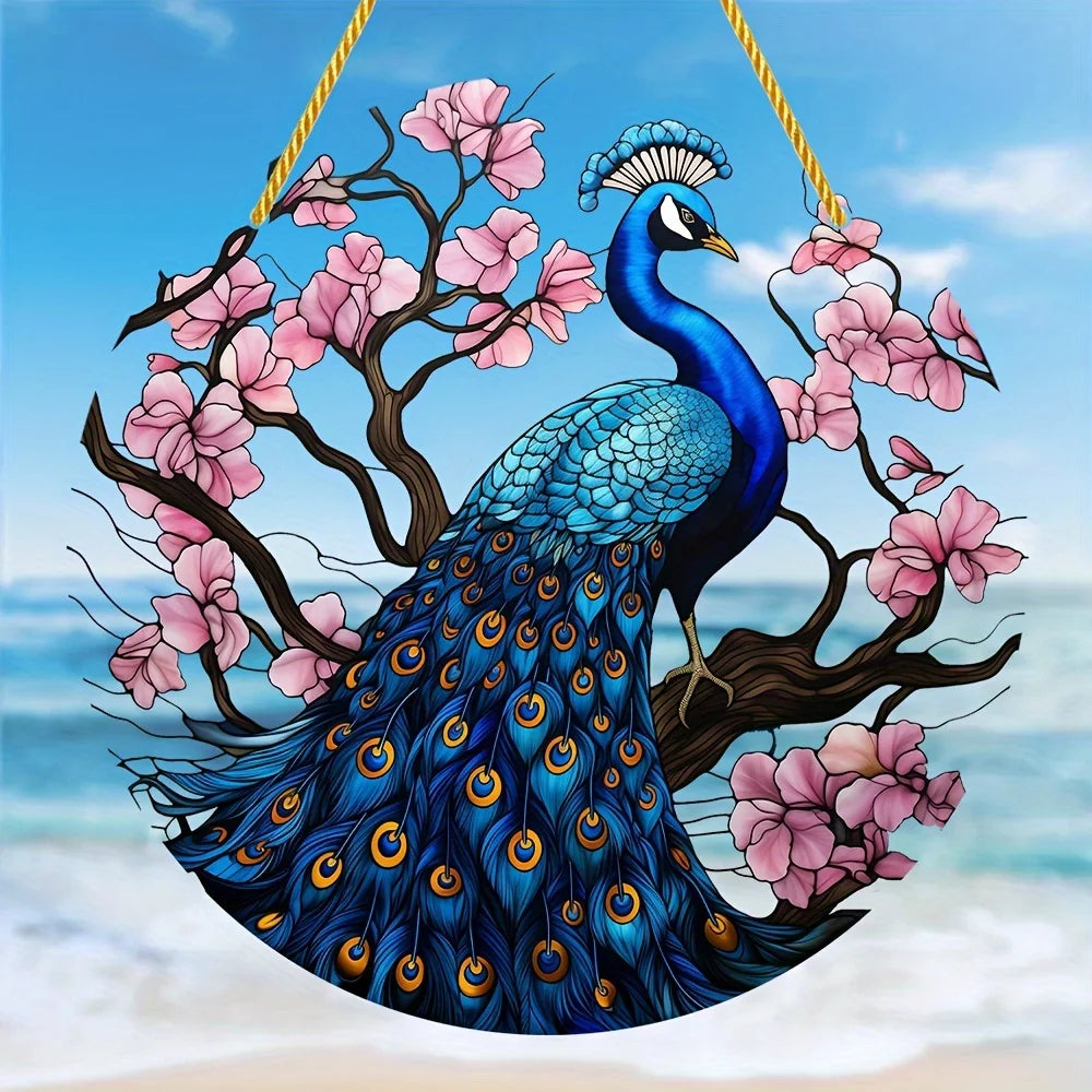 décoration suspendue paon plumes fleurs cerisier acrylique semi transparent artistique floralextérieurintérieur