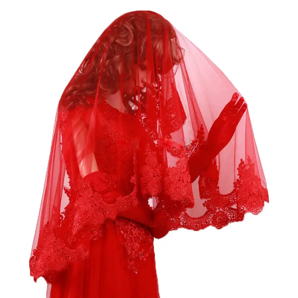 voile mariage rouge dentelle élégante bordure appliquée semi transparente femme