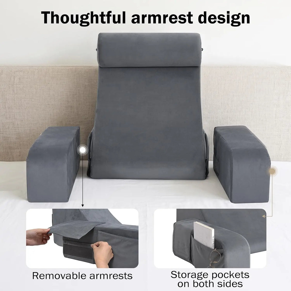 coussin lecture gris uni mousse polyester coton poches arrière confortable ergonomique adulte lit sofa