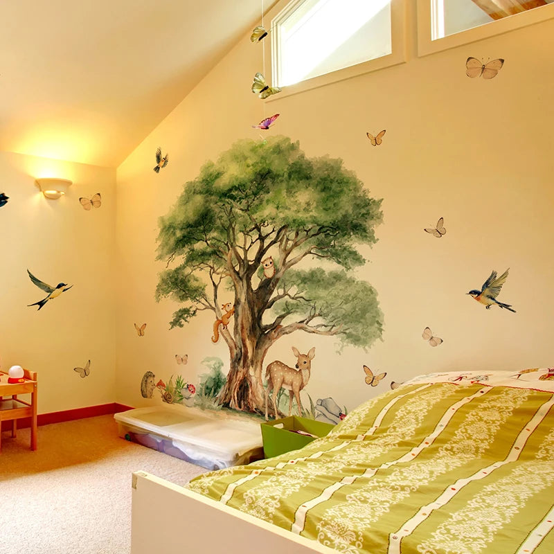sticker mural animal peinture aquarelle deco enfant cerf renard écolier