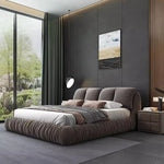 lit double gris plissé moderne rangement bois tissu composite chambre coucher