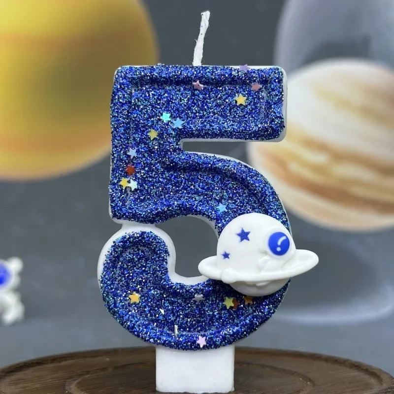 bougies anniversaire numéros bleu pailleté étoiles décoratives thème espace opaques box incluses