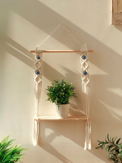 Étagère murale en macramé mauvais œil avec bâtons en bois, décoration boho pour plantes