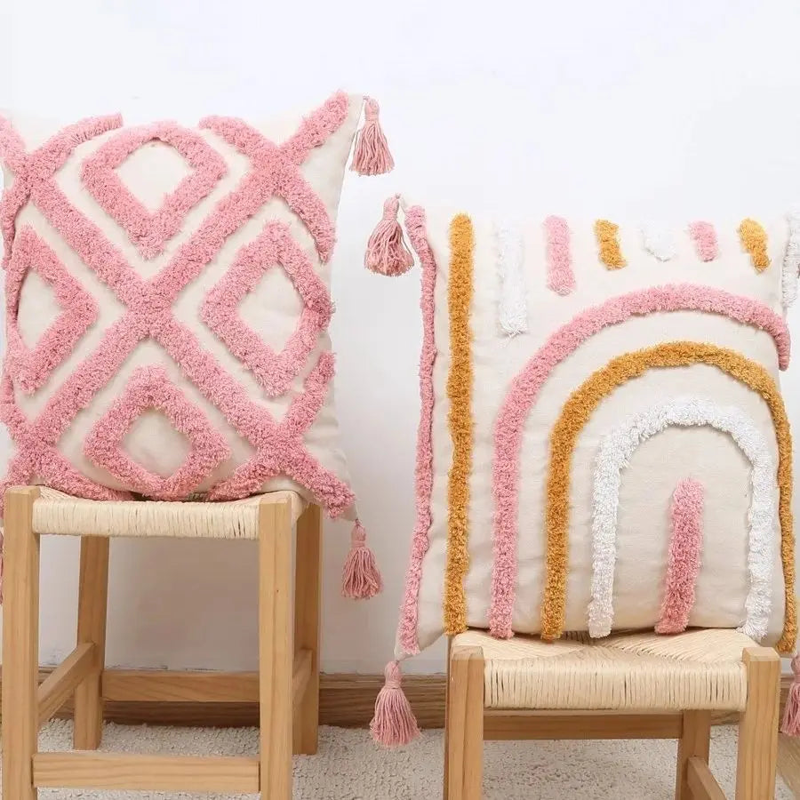 taie d'oreiller carrée brodée cœur géométrique 100% polyester blanc rose décoration maison boho chic