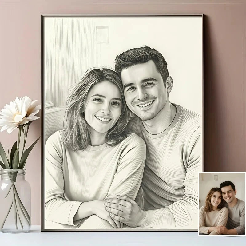 Dessin personnalisé noir blanc réaliste cadre mural 20x30cm 40x60cm artiste erotique famille amis couple