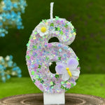 bougies numérales pailletées fleurs reliefs adhésives anniversaire enfant violet blanc vert bleu doré
