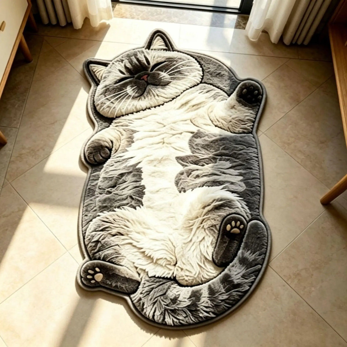 tapis sol chat tigré peluche gris blanc beige doux antidérapant chambre salon maison