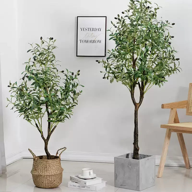 grand arbre artificiel olivier pot vert décoration intérieure salon maison moderne