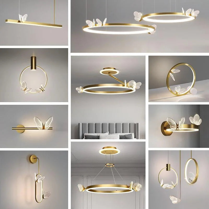 suspension lumineuse contemporaine or blanc papillons relief cercle lumineux opacité translucidité fixations minimalistes chambre