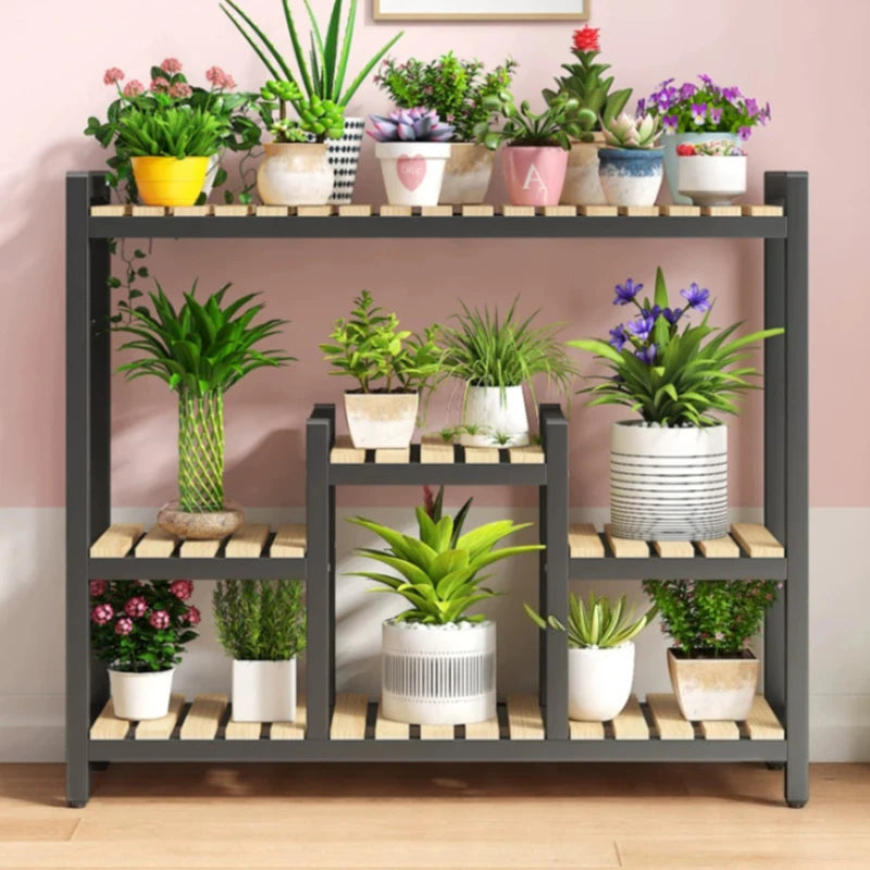 étagère extérieure moderne multi niveaux métal bois plantes balcon jardin noir blanc
