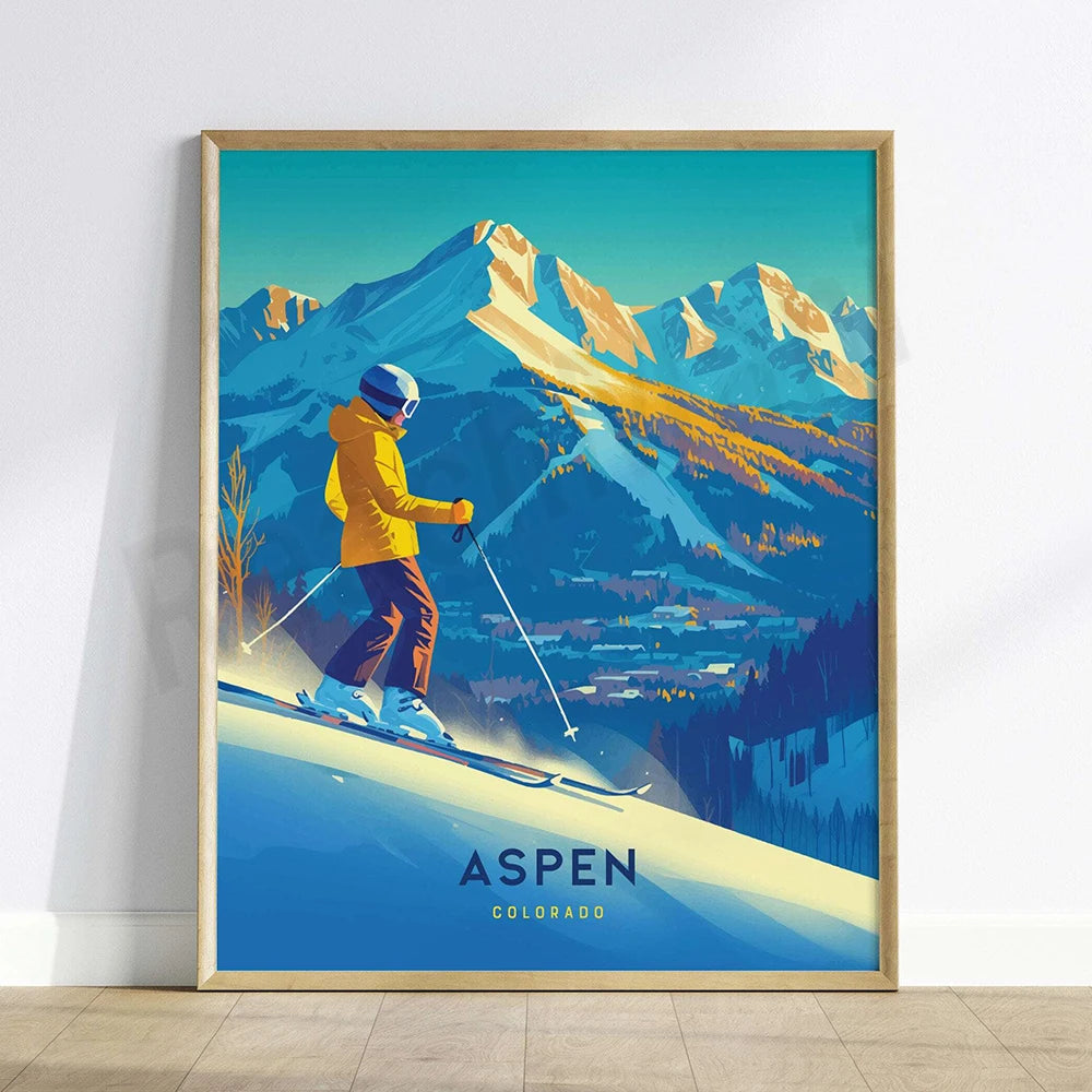La magnifique illustration montre un skieur descendant une pente enneigée au milieu des montagnes du Colorado, avec le nom "Aspen" affiché en dessous.