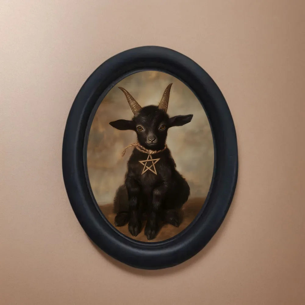 cadre photo ovale bélier noir pentacle doré décoration murale classique occulte pentagramme ornement gothique