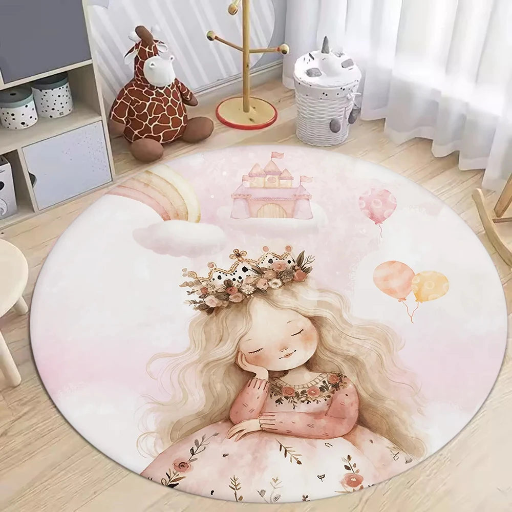 tapis rond illustration ballerine enfantine arc ciel château couleur rose blanc chambre moderne polypropylène