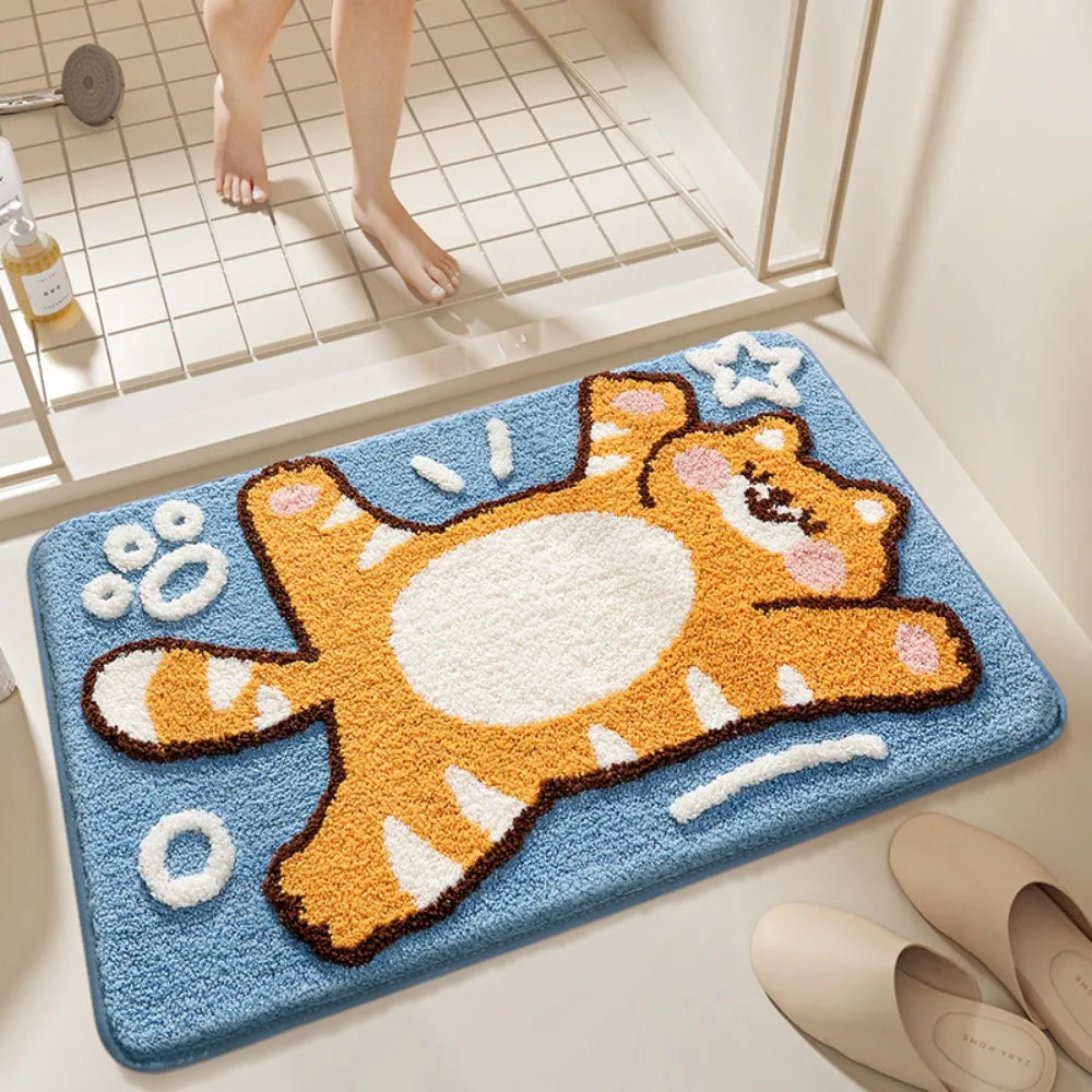 tapis bain antidérapant dessin animé pelucheux vert bleu gris orangé cartoon doux salon chambre