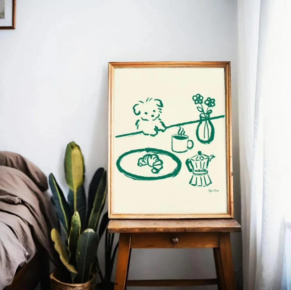 affiche minimaliste enfantin dessin animé simple lignes couleurs beige marron bleu vert rose toile