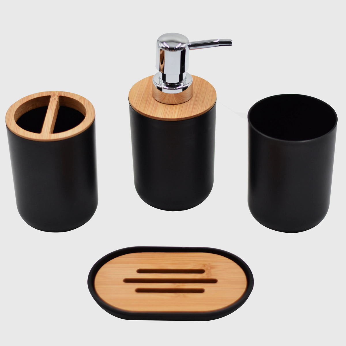 ensemble accessoires salle bain bambou distributeur savon porte brosse dents plateau tasse moderne
