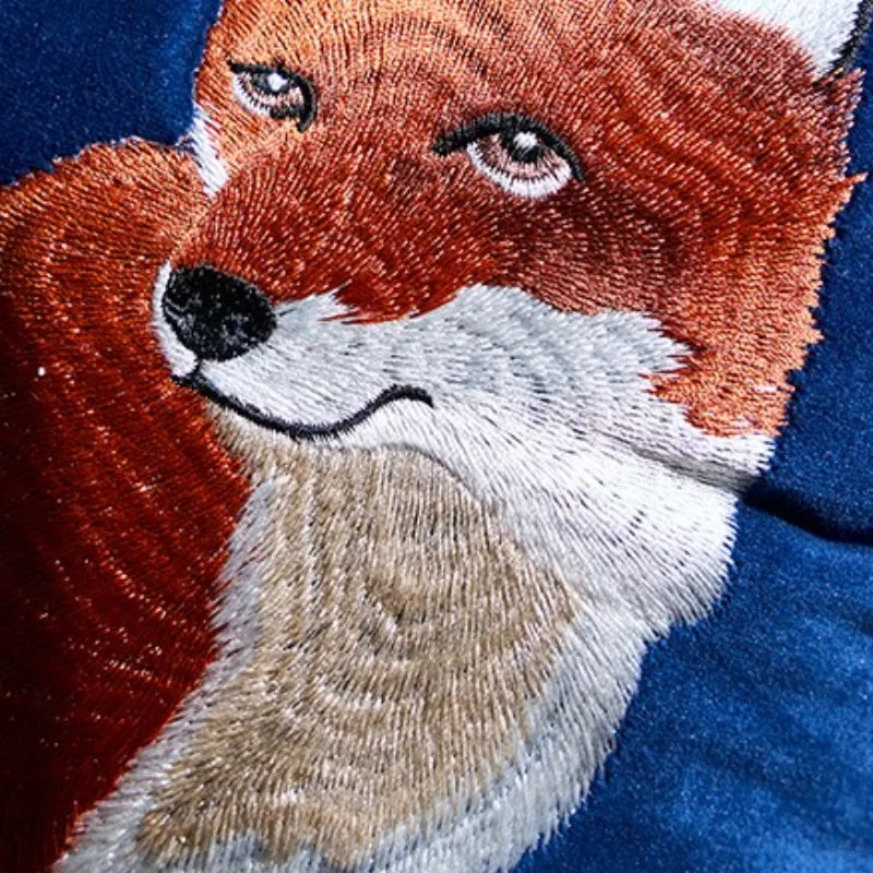 taie d'oreiller velours brodé renards animaliers décoratifs bleu vert orange carreau simple