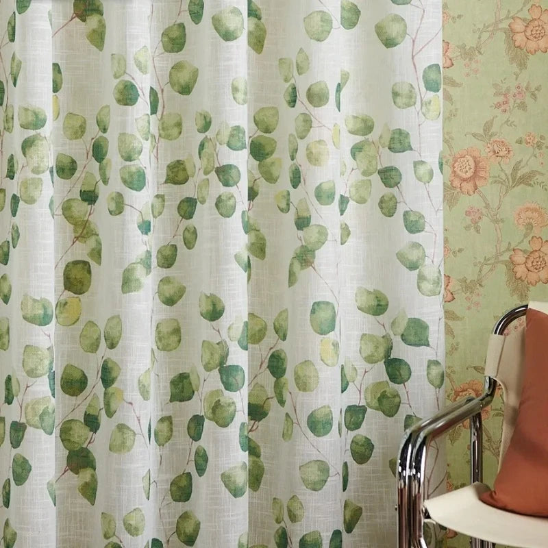 rideau moderne blanc vert motif feuilles transparent salon chambre maison luxe