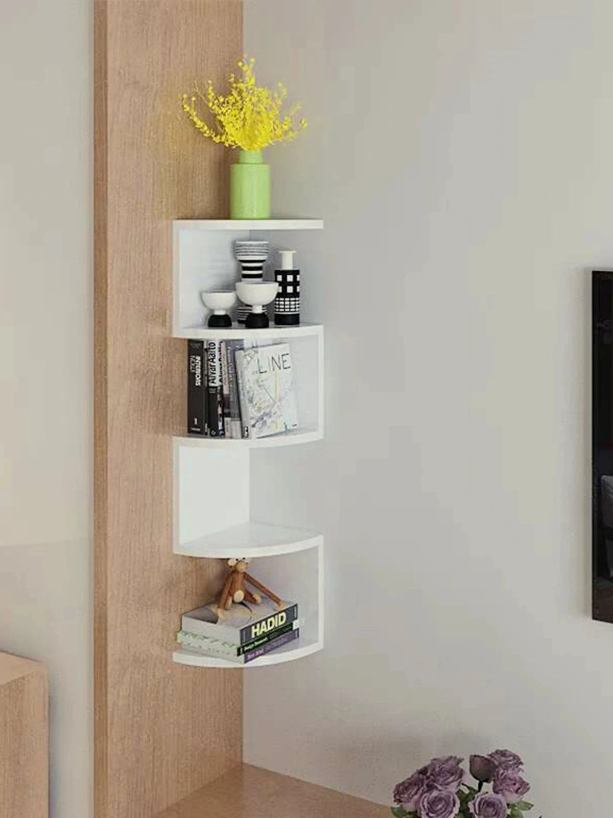 présentoir angle blanc noir minimaliste étagères murales multi niveaux décoration salon objets divers plantes
