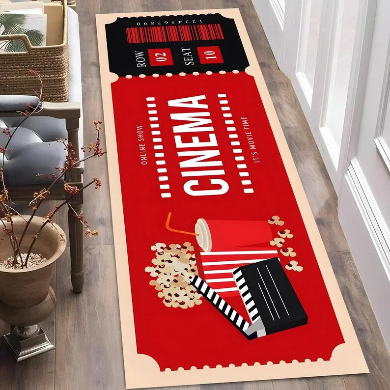 tapis sol cinema billets films pop corn moderne vintage rouge blanc chambre salon