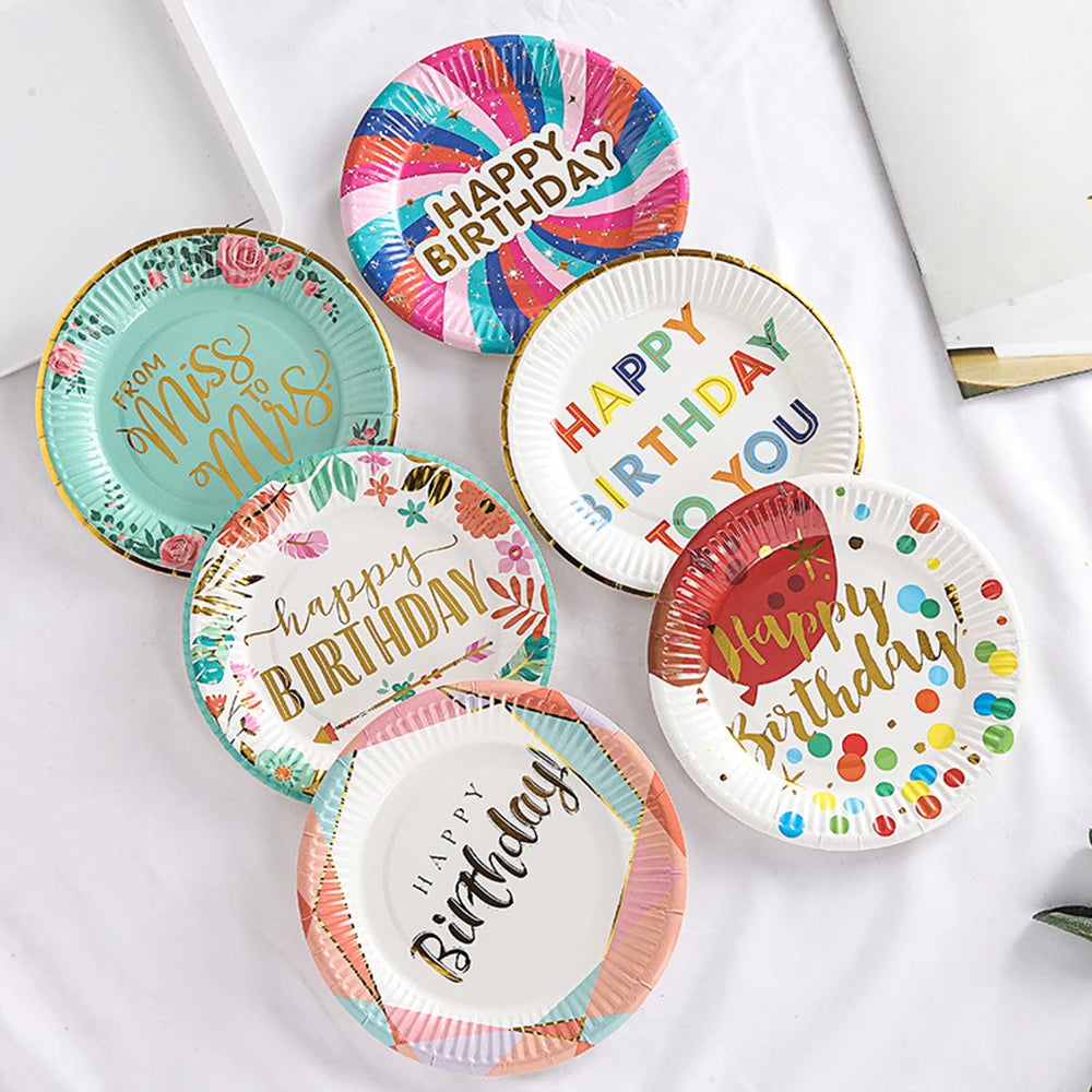 assiettes carton multicolores motifs floraux textes dorés fêtes anniversaires mariages baptêmes