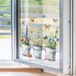 autocollant fenêtre multicolore fleurs pots métal vieilli papillons champêtre floral 38cm 30cm