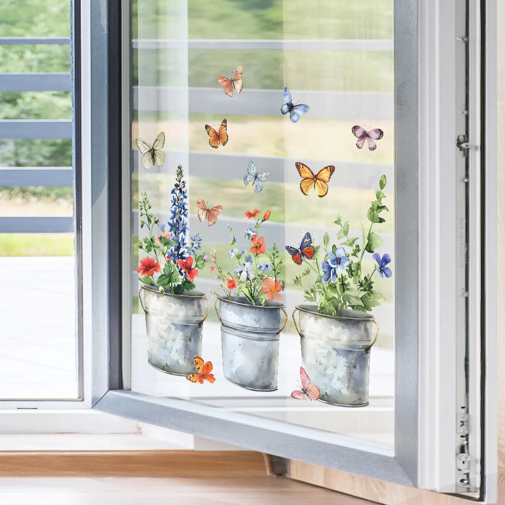 autocollant fenêtre multicolore fleurs pots métal vieilli papillons champêtre floral 38cm 30cm