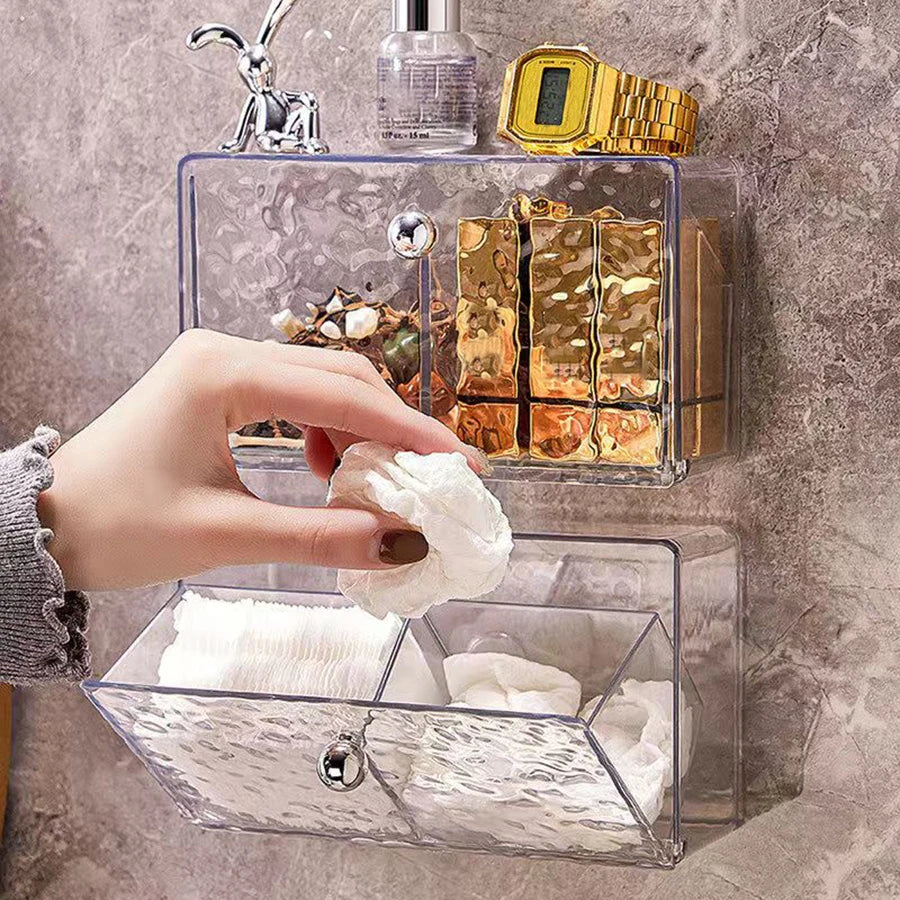 boîtes rangement murales transparentes modernes marbrées trousses maquillage coton tiges serviettes bâtonnets ongles salle