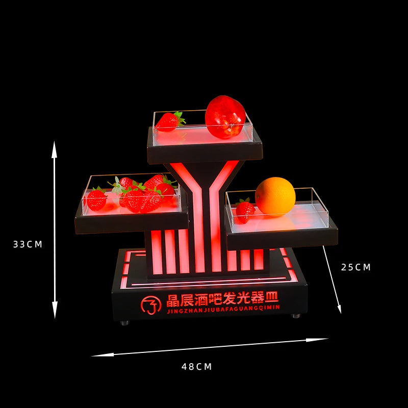 support fruits moderne plateau lumineux noir rouge rayures transparents leds rechargeables