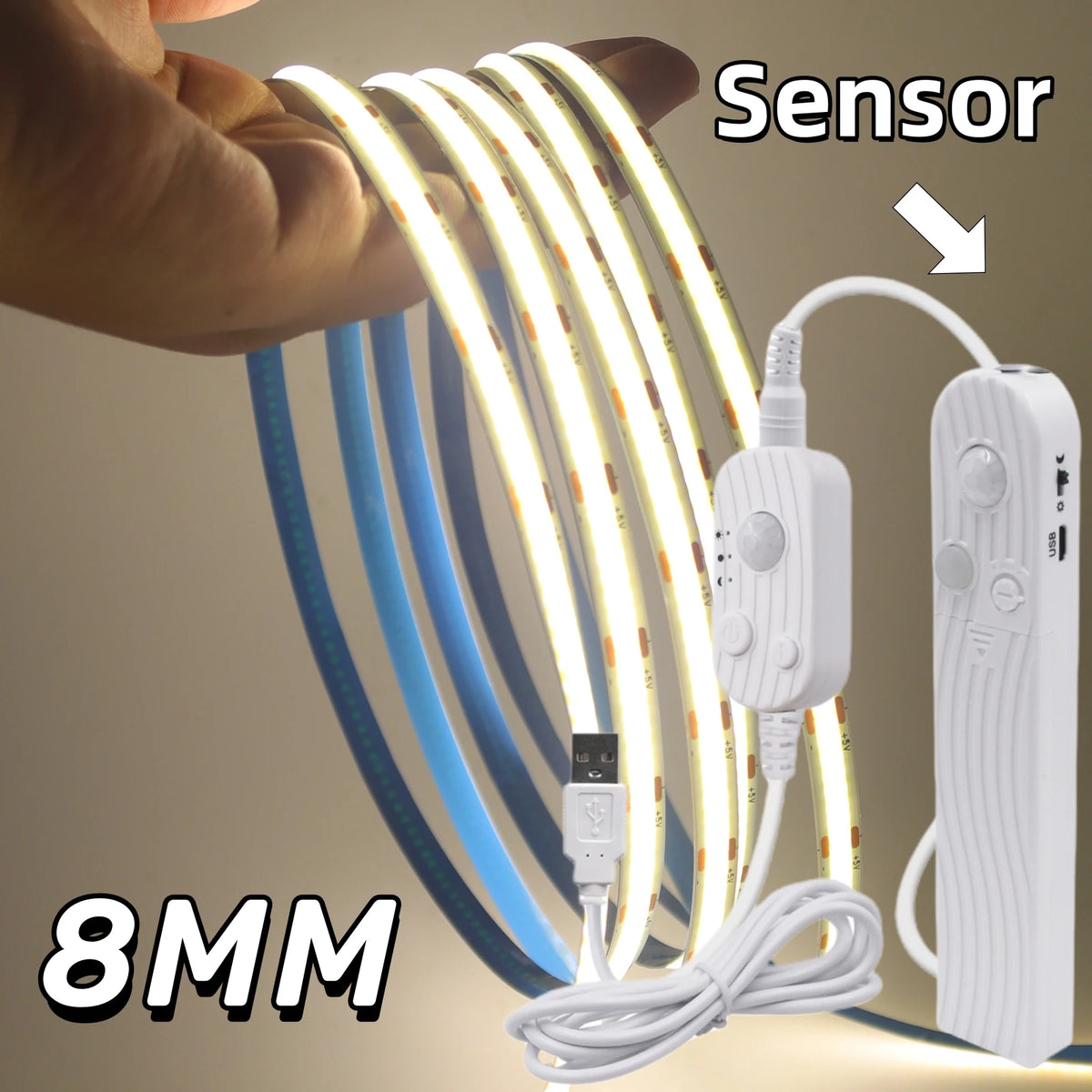 Ruban LED COB à piles avec capteur de mouvement PIR installé sous un escalier