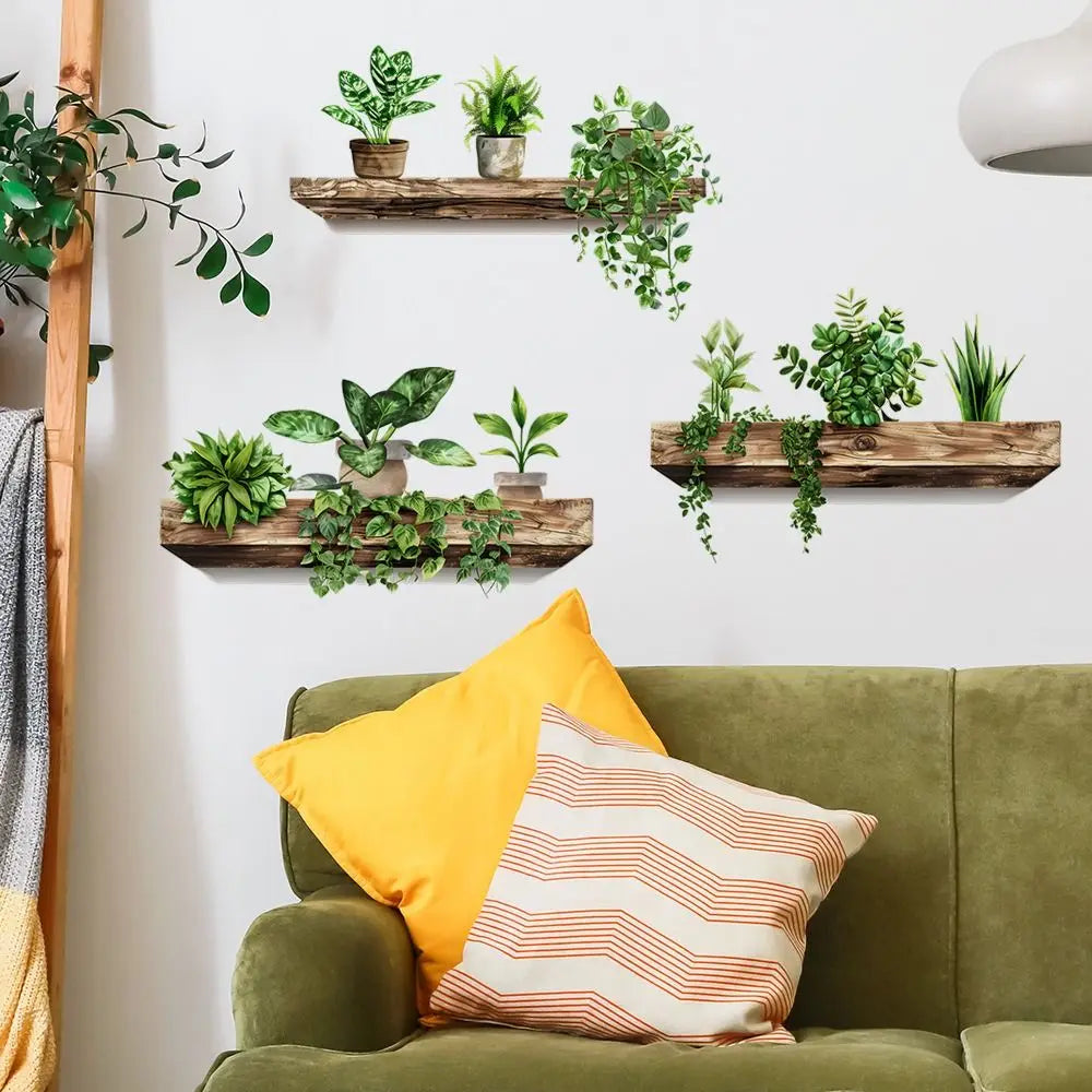 étagères murales rustiques autocollantes bois naturel feuilles vertes plante artificielle pot plante décoration maison