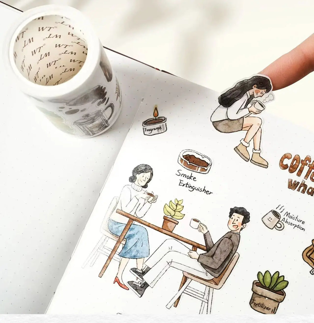 ruban decoratif illustrations personnes espresso lettres adhesif blanc marron bleu vert