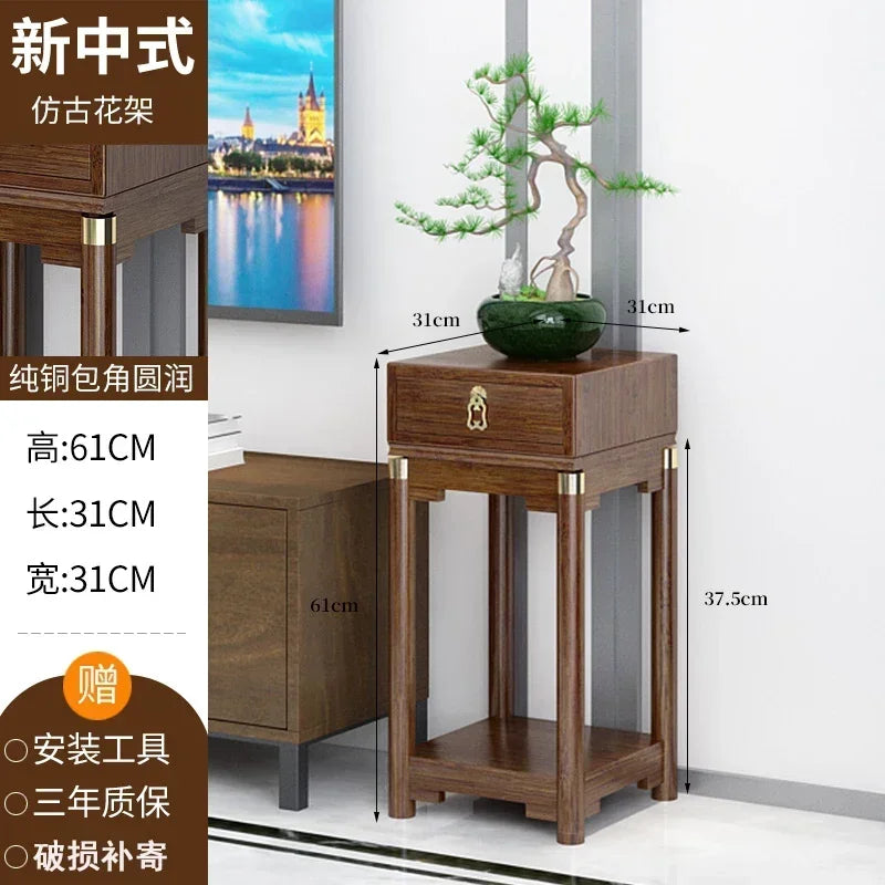 meuble appoint bois massif moderne table tiroir meuble double plateau vase bleu figurine bouteille