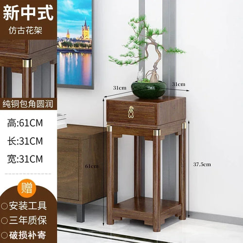 meuble appoint bois massif moderne table tiroir meuble double plateau vase bleu figurine bouteille