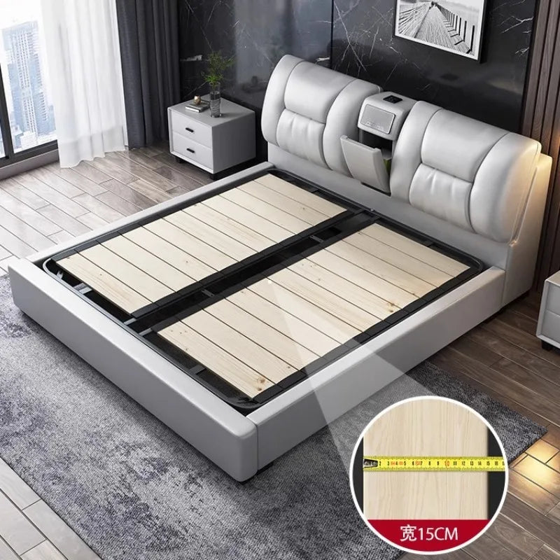 lit double moderne gris clair simili cuir tiroirs latéraux table chevet