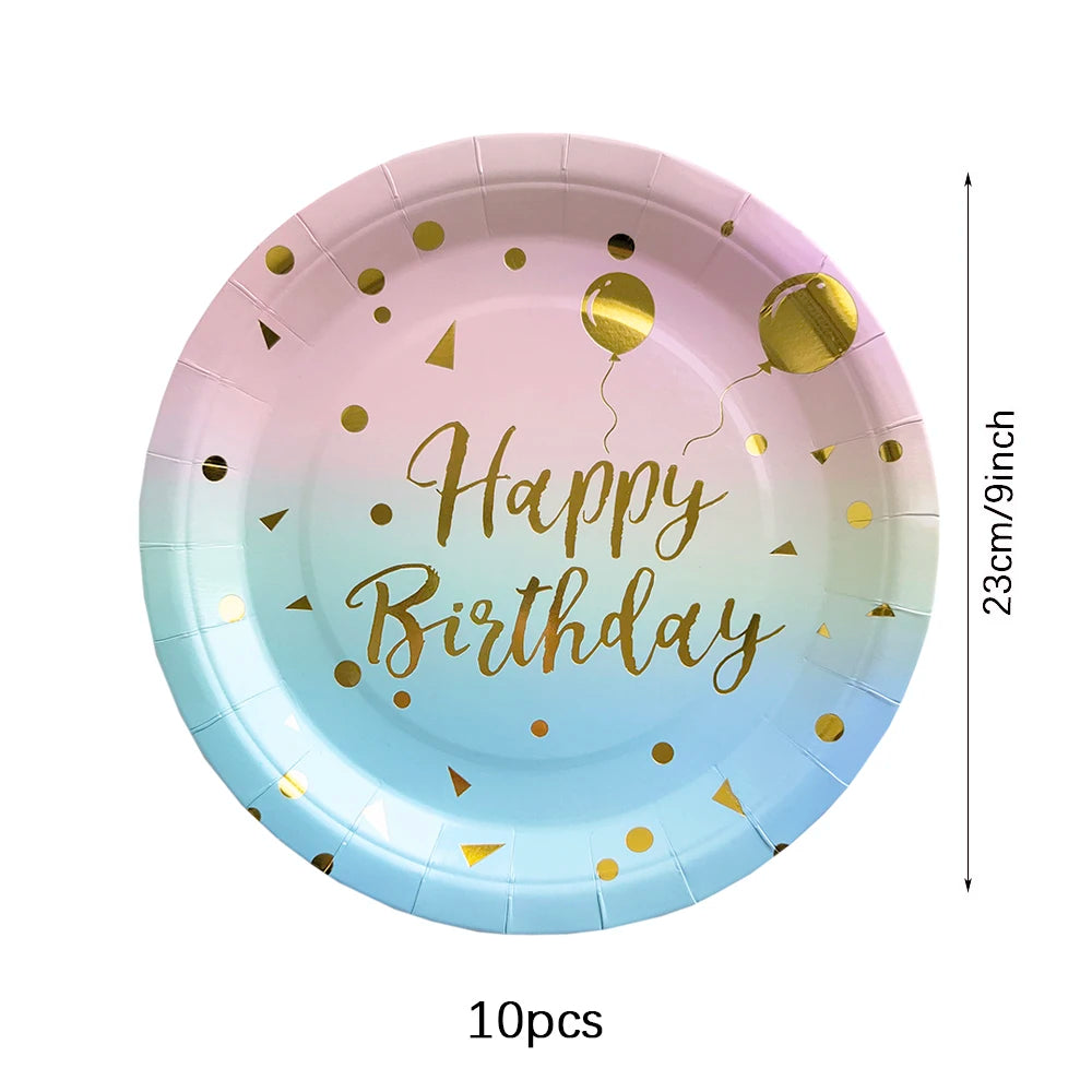 vaisselle jetable anniversaire arc ciel assiettes dorées points confettis serviettes verres festifs