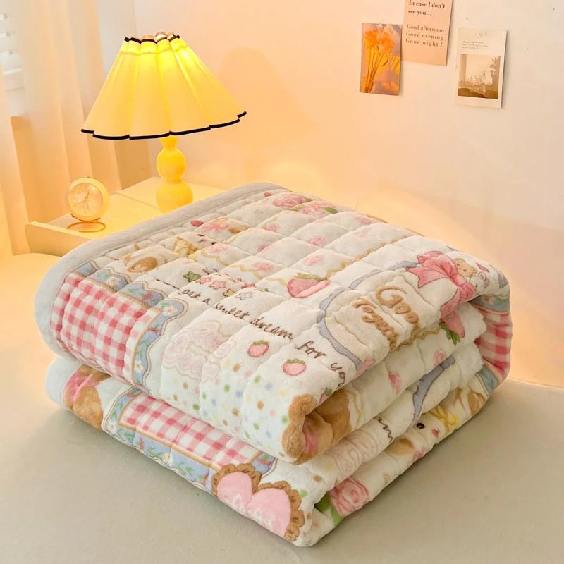couverture patchwork douce ours coeurs rose beige blanc vintage enfantine tapis sieste pliable